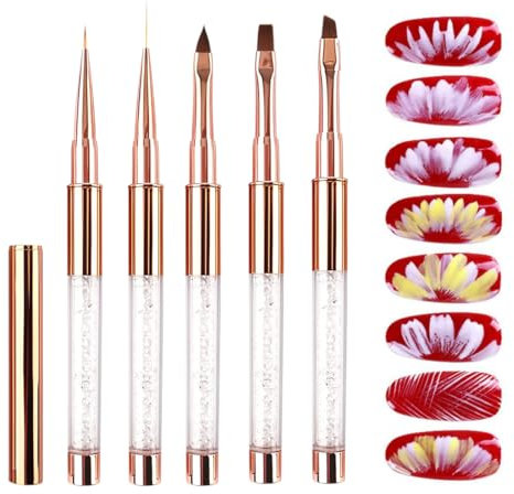 WeddHuis Professionnels pour Gel, 5 Pièces, de Haute Qualité, Spécialement Conçus pour la Poudre, Liner Fin, Plat, Rond, French, Peinture UV et Construction, Capuchon, Brosses avec Strass