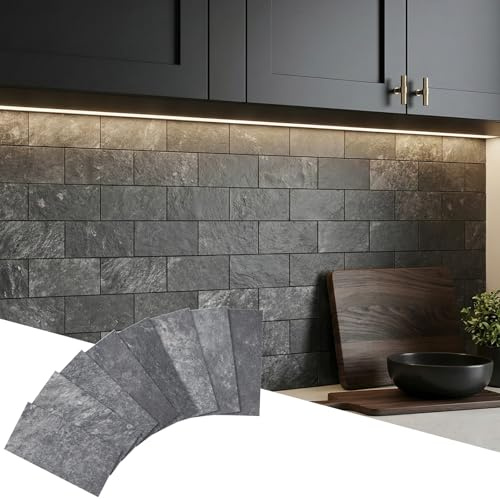 100 Pieces Peel and Stick backsplash 3 x 6 Inches 3D Black Rocks PVC Composite Wall Tile Stick on Backsplash Tile for Kitchen Bathroom, Laundry Room, Camper, Fireplace