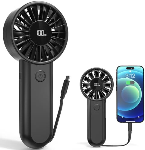 Amacool Handheld Fan Rechargeable, Built-in Type-C Cable, 5-Speed Personal Fan with LED Display, Max 12H Runtime, Portable Fans for Travel Outdoor Cruise Makeup, Gift for Women Stylish Girl (Black)
