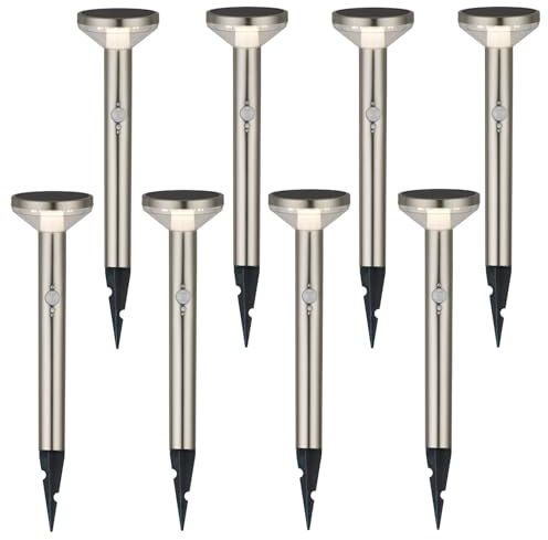 Maclean Solar 8er Pack LED-Leuchte – 3 Modi, Bewegungssensor, IP44, 220 Lumen, 4000K, Li-Ion Akku, Gartenbeleuchtung mit Erdspieß (Chrom matt, 8 Stück)