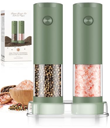 Salt and Pepper Grinder Set Mom Gifts, Electric Automatic Green Salt Pepper Shakers Home Kitchen Gadgets for New Home, Adjustable Coarseness Pepper Grinder Kitchen Appliances