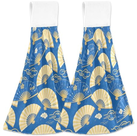 tplaotee Blue and Gold Sun Folding Fan Hand Towel with Button Loop 2 Pack Hand Towels Microfiber wash Cloths with Hanging Loop