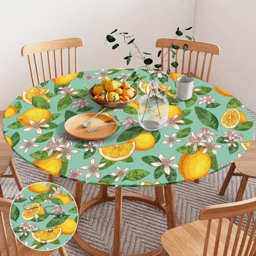 Yuragim Outdoor Runde Tischdecke Zitronen 36in(90cm) Elastisch Garten Tischdecke Rund mit Gummizug, Spanntischdecke Abwaschbar PVC Tischdecke Outdoor Wetterfest Gartentischdecke, Passend für 75-85cm