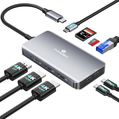 THANDBLE USB C Docking Station Dual Monitor, 9 in 1 Laptop Docking Station Triple Monitor, 4K@60Hz USB C Hub Dual HDMI and DisplayPort, 1000Mbps LAN, 5Gbps USB-C, 100W PD, SD/TF for HP/Dell/Laptop