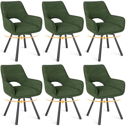 WAFTING Esszimmerstühle 6er Set Drehbar 360°,Armlehnstuhl,Küchenstuhl,Grün | Metallbeinen,Cord Stoff,Küchenstühle,Wohnzimmerstuhl,Polsterstuhl mit Samt,Esszimmer,Restaurant,Schlafzimmer,Konferenzraum
