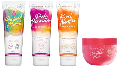 Les Secrets De Loly – Rituel de soin pour cheveux texturés – Shampooing Perfect Match – Après-shampooing Pink Paradise – Masque Pink Power Mask – Leave-in Kurl Nectar – 3x250ml + 1x300ml
