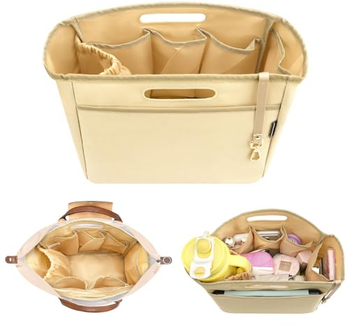 Dadanism Purse Organizer Insert with Cup Holder for Longchamp Le Pliage | Handbag Tote Organizer Insert with Multi-pocket, Zipper Pocket, Handle, Tote Shaper with Cup Holder & Keychain, Beige