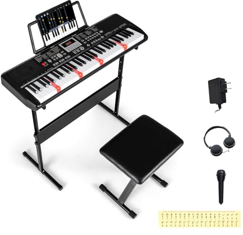 COSTWAY Keyboard Piano 61 Tasten, E-Piano mit Ständer, Hocker, Kopfhörer & Mikrofon, Digitalpiano mit 200 Rhythmen, 200 Klängen, 70 Demos & Notenaufkleber, E-Klavier für Anfänger