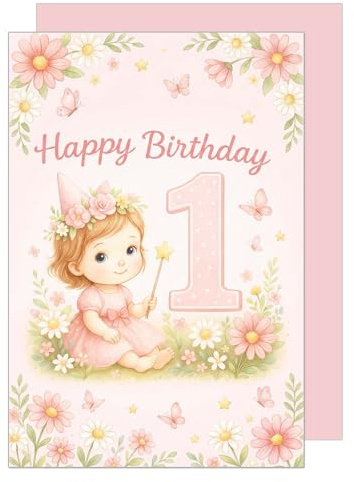 Edition Seidel Premium Glückwunschkarte zum 1. Geburtstag mit Umschlag. Karte Grußkarte Geburtstagskarte Happy Birthday Englisch Mädchen Kind Fee Blumen Zauberstab Zahl (G4130 SW026)