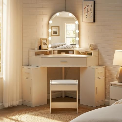 LEMROE White Corner Dressing Table with LED Mirror, 3 Drawers Vanity Desk with Charging Station and Storage Shelves Modern Makeup Dresser with Stool for Bedroom Corners Flats