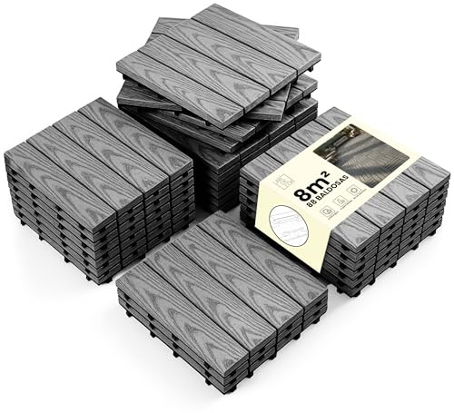LARDECOR - Baldosas Encajables WPC 30x30 cm para Suelo, Pack 88 Piezas, 8 m², Losetas para Terraza, Balcón, Patio y Jardín, Diseño con Drenaje y Superficie Antideslizante (Gris Madera)