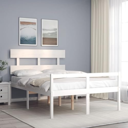 Teenpull Seniorenbett aus massivem Kiefernholz Weiß mit Kopfteil 195,5 x 125,5 cm, Lattenrost und Stauraum, Schlafplatz mit 45 cm Sitzhöhe, geeignet für Matratze 120 x 190 cm