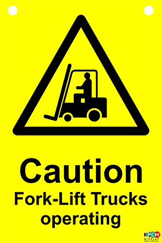 Caution fork-lift trucks operating double sided safety sign, pre-drilled with 2 corner holes sign - 1.2mm rigid plastic 300mm x 200mm