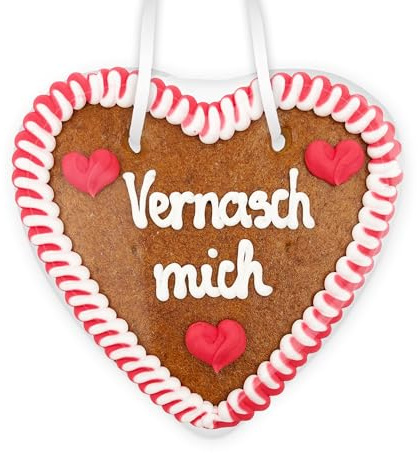 Lebkuchenherz mit Spruch Vernasch mich, 14 cm LEBKUCHEN WELT | Lebkuchenherz mit Spruch, mit Liebe beschriftet, am Band – Oktoberfest, Wiesn, Jahrmarkt – Geschenkidee, Kirmes