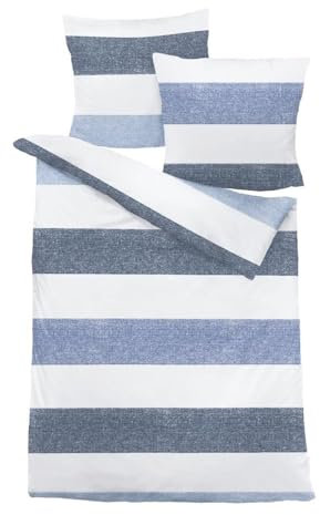 Traumschlaf Biber Bettwäsche mit Streifen blau kuschelig weiche Made in Germany Qualität mit Reißverschluss 200x200 cm + 2X 80x80 cm
