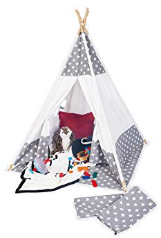 Pinolino Zelt Tipi Jakara, aus Stoff und Holz, mit Fenster, Bodenmatte und Aufbewahrungsbeutel, für Kinder ab 3 J, Stoff mit Sternchen Muster, 1 Stück (1er Pack)