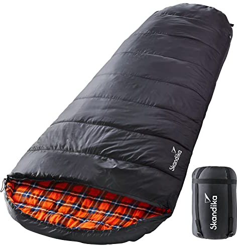 Skandika Schlafsack Vegas Flanell | XXL Mumienschlafsack mit Flanell Baumwoll Innenfutter, koppelbar, 3 Jahreszeiten, bis -15°C, 220 x 110 cm | Outdoor Camping