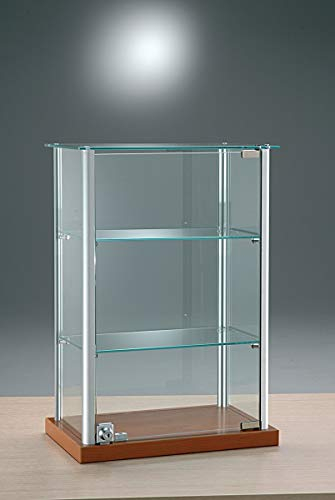 Kleine Aufsatzvitrine Glas T 25 x B 40 x H 60 cm - kirschfarbige Tischvitrine Alu abschließbar - schmale Glasvitrine ideal für Ausstellungen oder Messen - LED-Beleuchtung