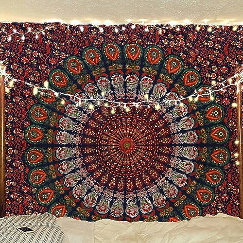 Bless International Indischer Hippie Bohemian Psychedelic Peacock Mandala Wandbehang Bettwäsche Tapisserie (Golden Red Green, Twin (137x182Inches) (140x185cms))