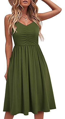 YATHON Lässige Kleider für Frauen, ärmellos, Baumwolle, Sommer, Strandkleid, A-Linie, Spaghetti-Träger, Sommerkleider mit Taschen, Yt090-army Green, Klein