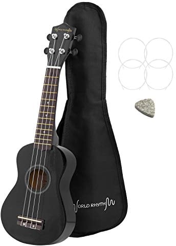 World Rhythm Sopran-Ukulele - Premium Einsteiger Sopran-Ukulele in Schwarz Finish mit Gigbag, Ersatzsaiten und Filzplektrum - ausgestattet mit Aquila Saiten, WR-305