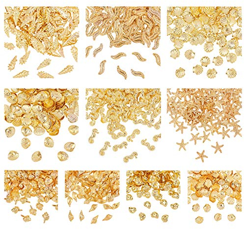 OLYCRAFT 1000 Stück 10-Style Klein Harzfüller Ozean Muscheln Legierung Harzfüller Seesterne Seepferdchen Harz Zubehör Mini Harzfüllzauber Für Herstellung von Harzschmuck Und Nagelkunst - Golden