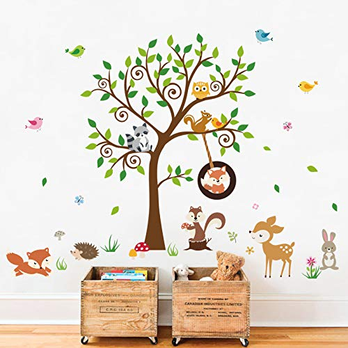 decalmile Wandtattoo Waldtiere Baum Wandsticker Fuchs Eichhörnchen Hirsch Wandaufkleber Kinderzimmer Babyzimmer Schlafzimmer Wanddeko (H:79cm)