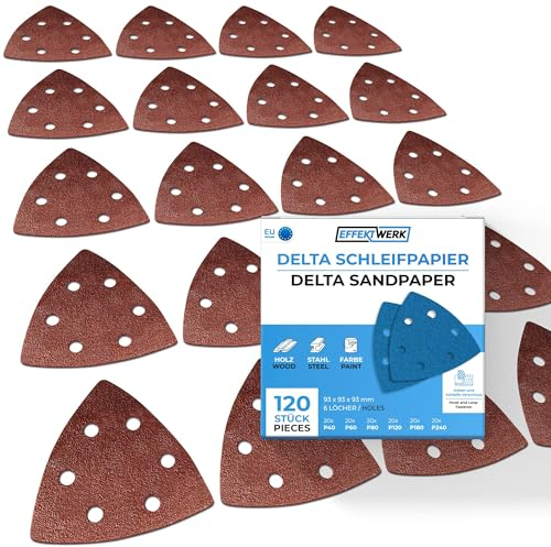 EFFEKTWERK Deltaschleifer Schleifpapier Dreieckschleifer - 120 Stück - Dreieckschleifer Schleifpapier mit Klett - 6 Loch - 93x93x93mm Schleifdreiecke - Je 20x Körnung P40 P60 P80 P120 P180 P240