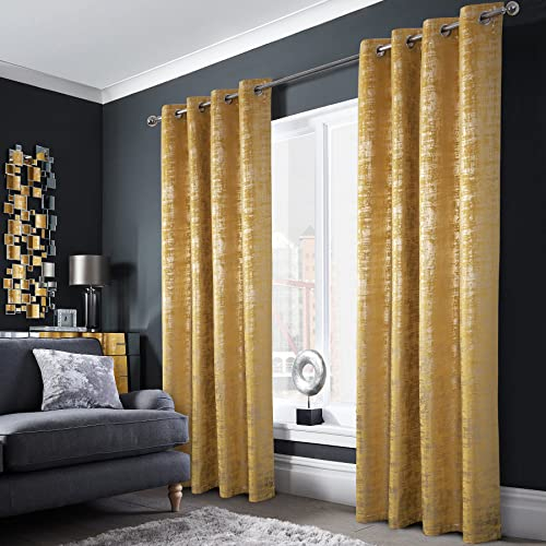always4u Gardinen mit Muster Gold Blickdicht 100%, Samt Vorhang Wohnzimmer, Vorhang Verdunkelung mit ösen, Stoff Glänzend Eleganter, Gelb 2er Set 245x140cm