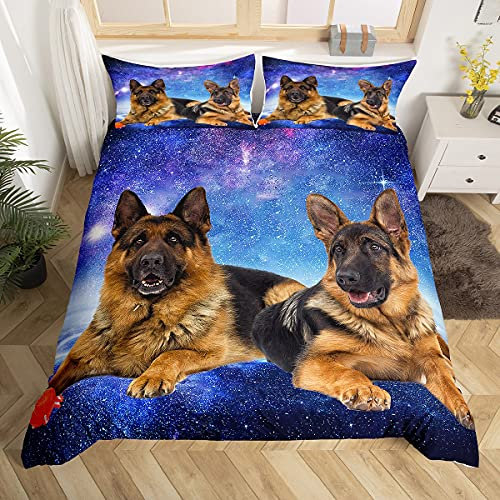 Chien Galaxy Housse de Couette 3D Berger Allemand Imprimé Chien Parure de Lit 200x200cm Chic Bleu Violet Ciel Étoilé pour Garçons Filles Ados Mignon Pet Chiot Animal Parure Housse de Couette Soft