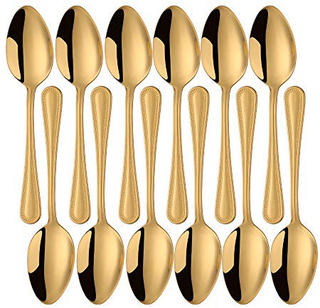 SUNSENGEUR Dessert Spoons, 18/0 Stainless Steel, Bead Pattern Cutlery 17.8 cm with Bead Pattern -Gold,Pack of 12