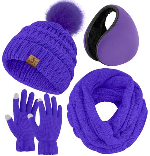 URATOT Winter-Set mit Strickschal, Pompon-Mütze, Touchscreen-Handschuhe und Ohrenwärmern, warmes Set für Damen und Herren, Veilchen, Medium