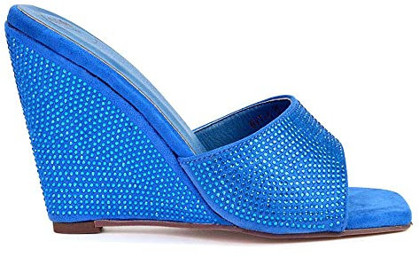 Womens Wedge Heel Sandals Ladies Sparkly Diamante Slip On Square Toe Muled Shoes Size 3-8