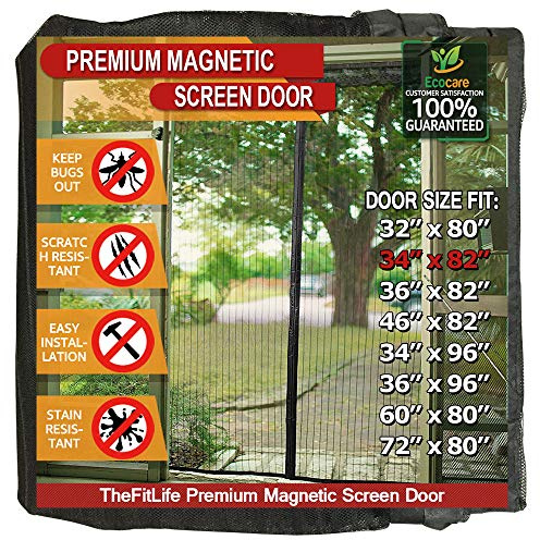 TheFitLife Magnetic Fly Screens for Doors - Heavy Duty Mesh Curtain with Full Frame Hook and Loop Powerful Magnets that Snap Shut Automatically (Black 81x210cm - Fits Doors up to 76x208cm Max)