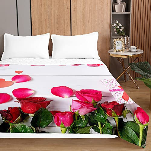 Surwin Couvre Lit Matelassé pour 1 ou 2 Personnes, Réversible Dessus de Lit Impression de Roses 3D Couverture de Lit Doux Microfiber Jeté de Lit Couvre-lit Printemps (200x230cm,pétales Roses)