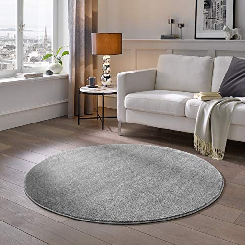 TacaHome Kurzflor Teppich Designer I Flauschiger Flachflor fürs Wohnzimmer, Esszimmer, Schlafzimmer oder Kinderzimmer | 120 cm rund Grau