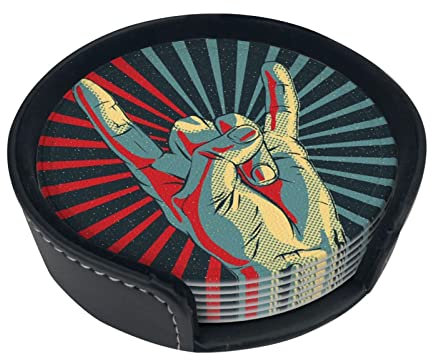 Lot de 6 dessous de verre en cuir imprimé rock and roll pour boissons, décoration d'intérieur et cadeau de pendaison de crémaillère