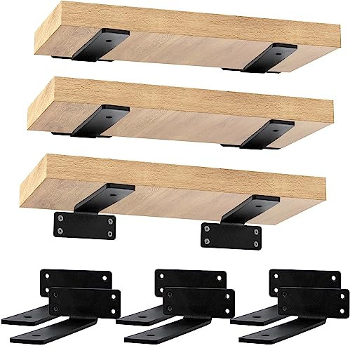 CONNOO 6 Stück robuste dicke Regalhalterungen, 20,3 cm schwebende versteckte Regalhalterung, Metallschwarze L-Halterungen für Regale, Unterstützung, DIY, modernes Eisen-Finish (1/5 Zoll)