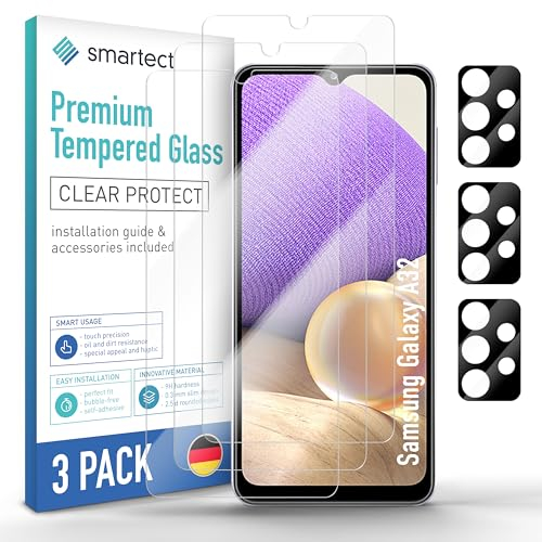 smartect Schutzglas [3 + 3 Stück, Klar] kompatibel mit Samsung Galaxy A32 5G, Display + Kamera, HD Schutzfolie Anti-Kratzer, Blasenfrei, 9H Härte, 0.3 mm Ultra-klar, Ultrabeständig