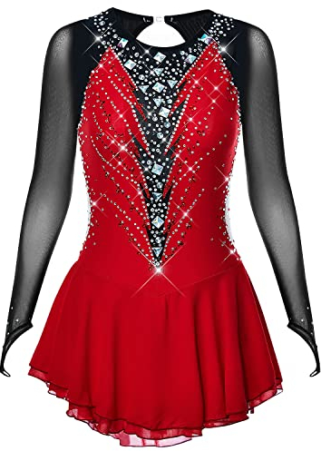 JRUIA Eiskunstlauf Kleid Für Mädchen Professionelles Eislauf Wettkampf Kostüm Modische Rollschuh Kleidung Mit Strasssteinen Gymnastik Trikots,Rot,L