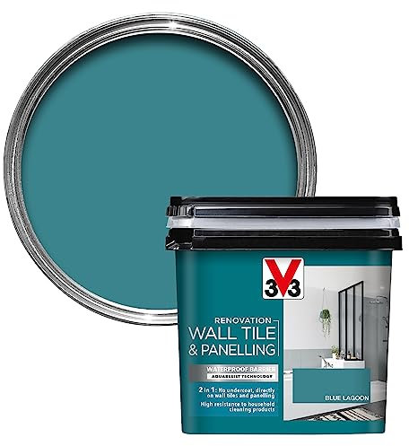 V33 Renovation Wall Tile & Panelling Paint - No Undercoat Needed - For High Moisture Surfaces - Resistant To Temperature Variations - Lagoon Blue 750ml