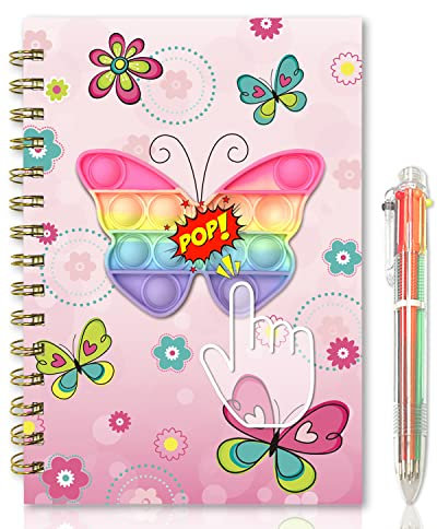 GINMLYDA Pop Secret Diary for Girls with Pen, 8.25x5.7 Inches 160 Pages Butterfly Fidget Kids Notebook and Pen Set for Girls Birthday Presents A5 Spiral Kids Journal for Girls Gifts 6-12 Year Old