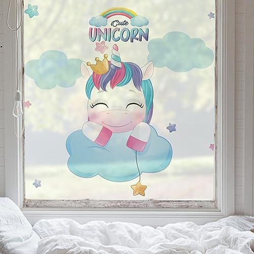 Fensterfolie Einhorn Regenbogen Blau Sichtschutzfolie Fenster Fensterfolie Blickdicht Milchglasfolie Selbstklebend Fenster Fensterfolie Selbsthaftend Folie Fenster Sichtschutz 58x60cm/1 Pcs