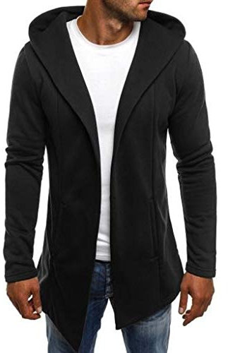 Herren Jacke Long Hooded Open Edge Cardigan, Lange Sweatjacke mit Kapuze Moderne Kapuzenpullover Sweatjacke Hoodie Schwarz M