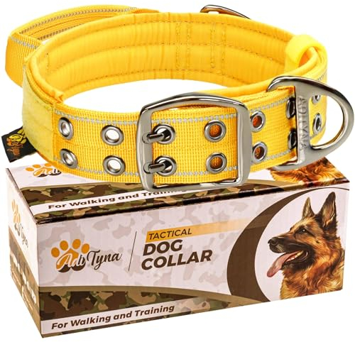 ADITYNA Strapazierfähiges Hundehalsband für extra große Hunde, reflektierendes gelbes Halsband mit Griff für Training und Spazierengehen, breit, dick, taktisch, weiches Neopren gepolstert