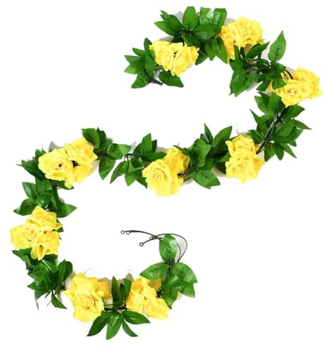 Yurosiay 2 Stück 2.4m Künstliche Rosengirlande Gefälschte Rosenrebe Kunstblumen Girlande Wie Echt Elegant Blumengirlande Rosen Seidenblumen Hängend Rebe für Hochzeit Party Garten Gelb 1#