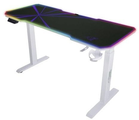 24unseremoebel Gaming Schreibtisch E-Talisman 140x60cm, Höhenverstellbar 70-118cm, Blatt mit LED-Beleuchtung, Ergonomisches Design, Stabile Konstruktion, Kopfhörerhaken, Becherhalter, weiß violett