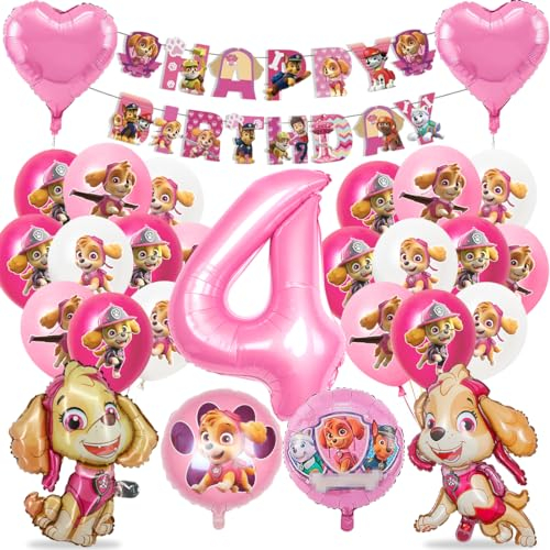 Hund Geburtstag Deko 4 jahre, Dog Geburtstagsdeko Mädchen, Party Luftballon 4, Luftballon Kindergeburtstag 4 jahre, Rosa Ballon Dekoration, Happy Birthday Banner für Dog Kindergeburtstag Party