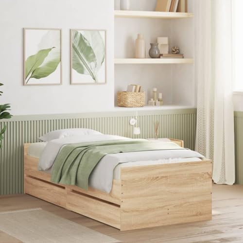 Festnight Bett mit Stauraum 90 x 190 cm Einzelbett mit Schubkästen Holzbett Kinderbett Jugendzimmer Kojenbett Stauraumbett Erwachsenenbett mit Lattenrost Sonoma-Eiche