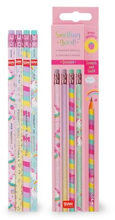 Legami - Set mit 4 duftenden HB-Bleistiften - Smelling Good, Duft von Erdbeere, Details aus Folie, mit Radiergummi, Schulbleistifte aus Naturholz, Bleistift für Kinder, Thema Einhorn